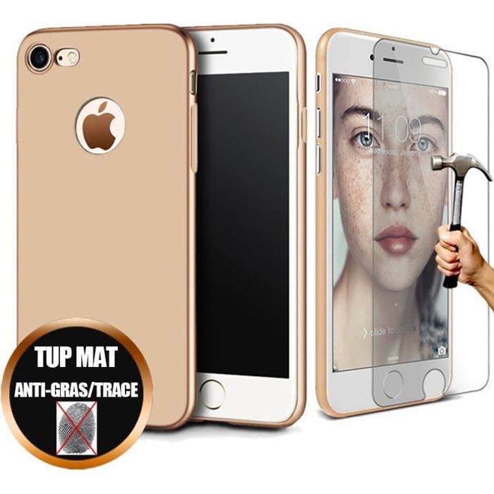 Lot Verre Trempé + Coque iPhone 8 (4,7') Silicone Anti-choc Gel Ultra Slim -Mat Doré