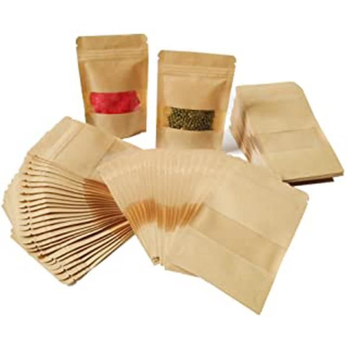 100Pcs 9 * 14Cm Pochette Sac Sachets Zip En Papier Kraft À Fenêtre Mini Paquet Biodégradable Enveloppe Pour Semences Bonbons Graines
