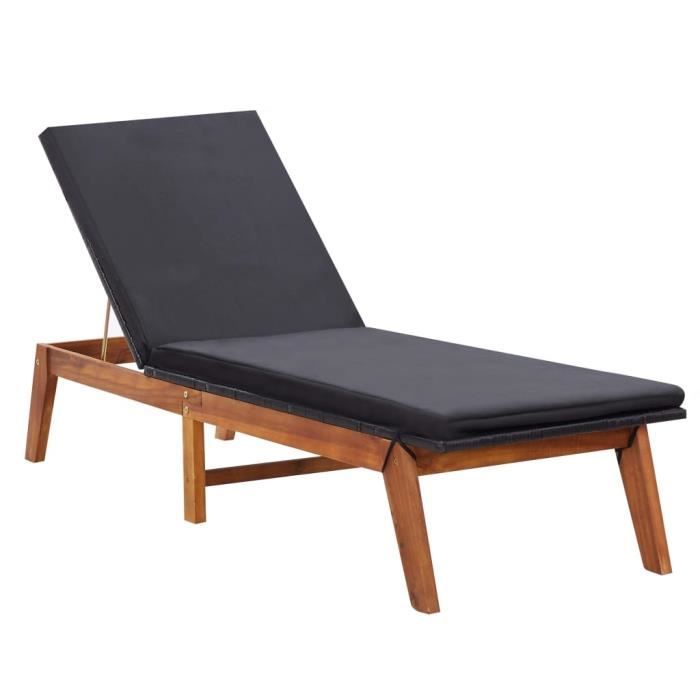 Chaise longue Bain de soleil Transat Grand confort et coussin Résine tressée et bois d'acacia massif