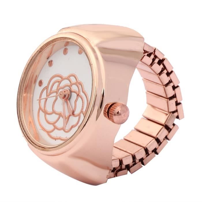 VINGVO Montre de bague Montre à anneau de doigt Cadran rond Motif de fleur rose Montre à quartz pour femme (or rose)
