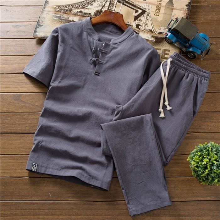 Ensemble de survêtement en coton et lin à manches courtes pour hommes gris