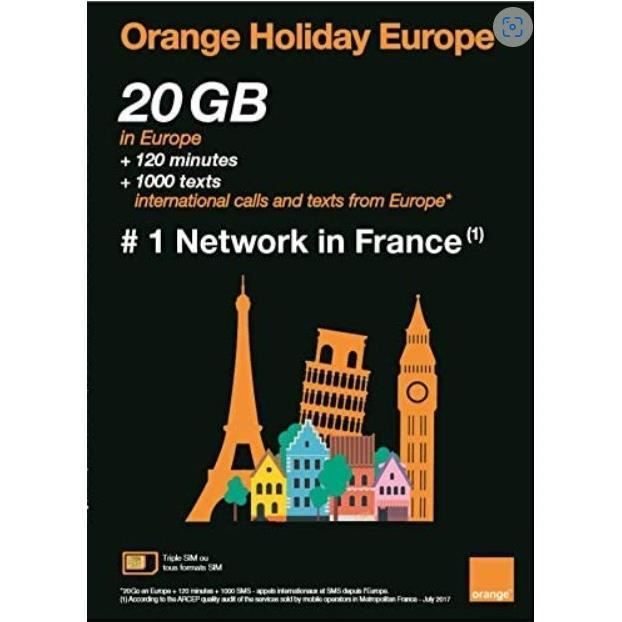 Orange Holiday Europe - 20 Go de données Internet en 4G/LTE + 120 MN + 1000 textes dans 30 Pays d'europe