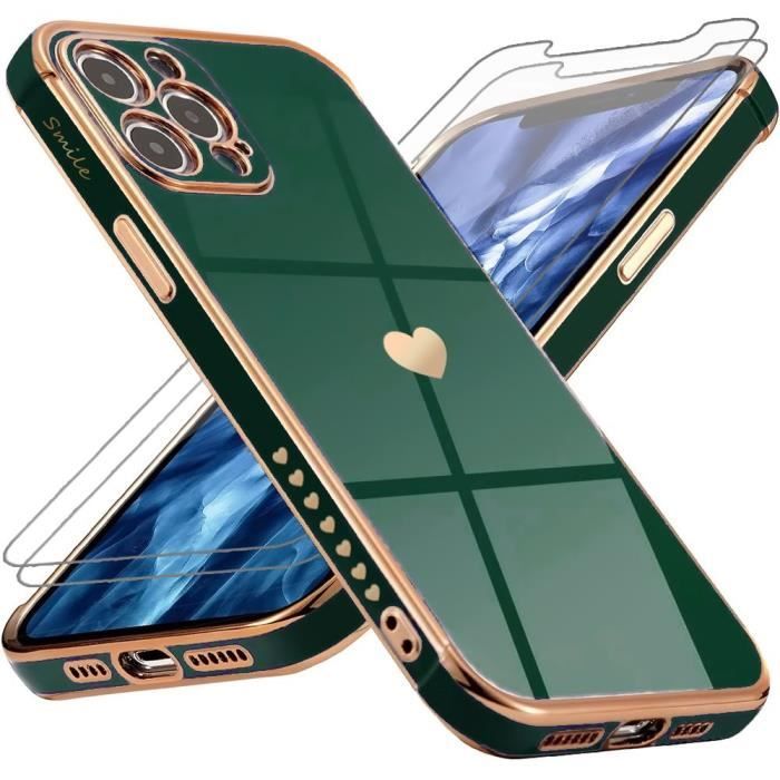 Coque Pour iPhone 12 Pro (6,1-) Vert nuit + 2 Verres Trempés Antichoc TPU Amour-Mignon Anti-Rayure Luxe Galvanisé Or