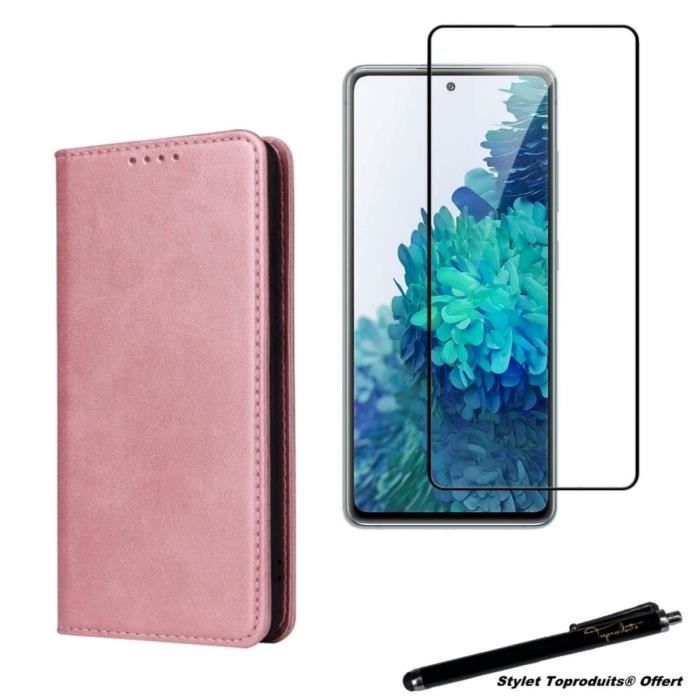 Etui portefeuille rose pour Samsung Galaxy S20 FE Housse à fermeture magnétique et Verre trempé bords noirs avec Stylet Toproduits®