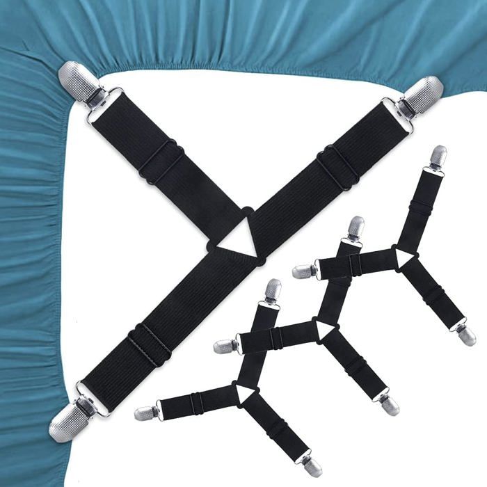 Lot de 4 clips triangulaires réglables pour draps de lit avec sangles élastiques pour drap de