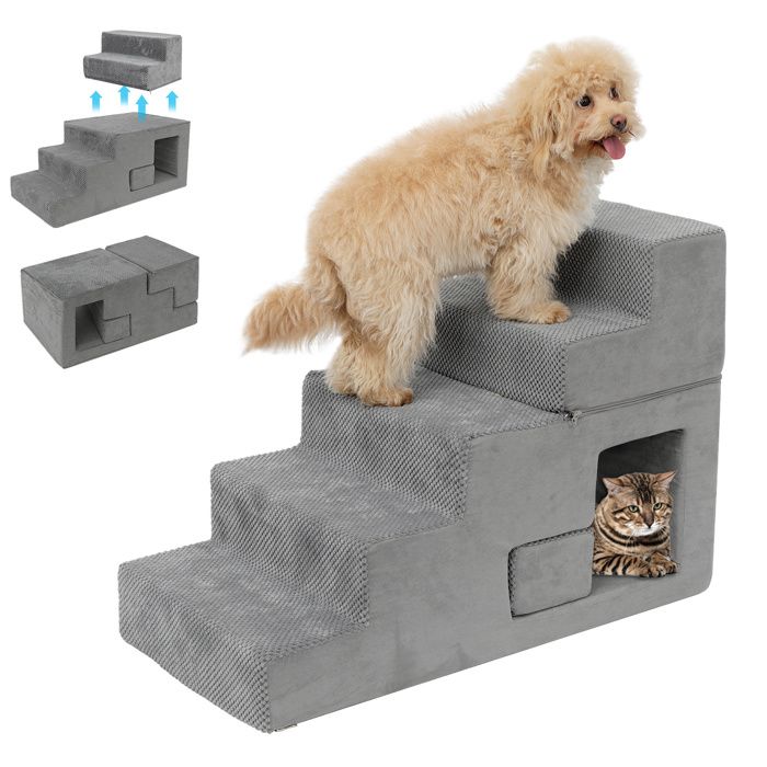 Comparer les prix de Escalier pour Chien à 5 Marches en Mousse Densité Amovible et Lavable Escalier pour Animaux Antidérapant Gris