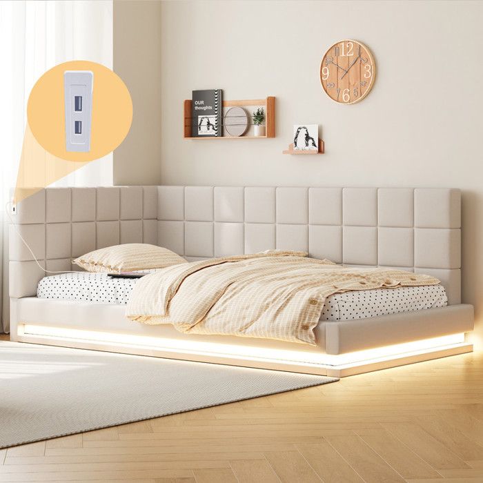 Canapé-lit 90x200 en tissu velours avec LED et USBlit simple - Tête de lit rembourrée et sommier à lattes pour adulte enfantbeige