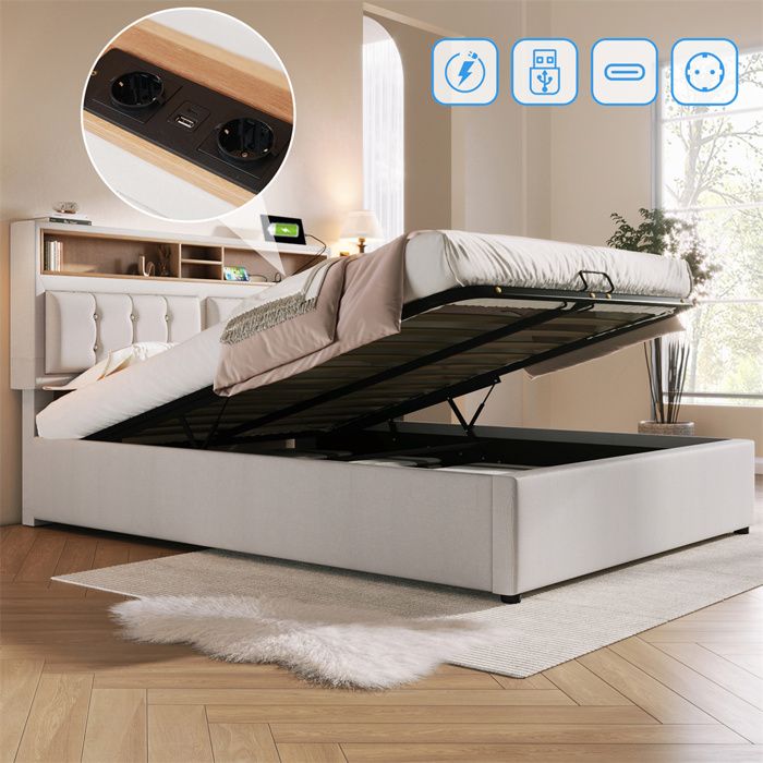 Lit coffre - 160x200 cm - Tête de lit réglable - Port USB/Type‑C intégré - Sommier à lattes avec rangement hydraulique