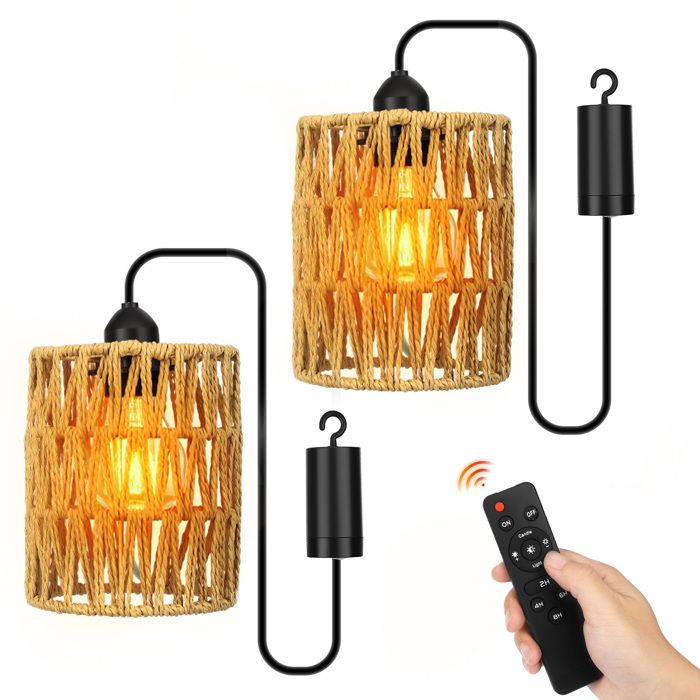 Lot de 2 lampes bohèmes en rotin avec télécommande suspension sans alimentation électrique pour jardin balcon cave
