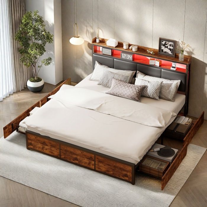 Lit Adulte 160x200 cm avce Éclairage LED Lit 2 Personnes Capitonné avce 4 Tiroirs Style Industriel en PU Noir