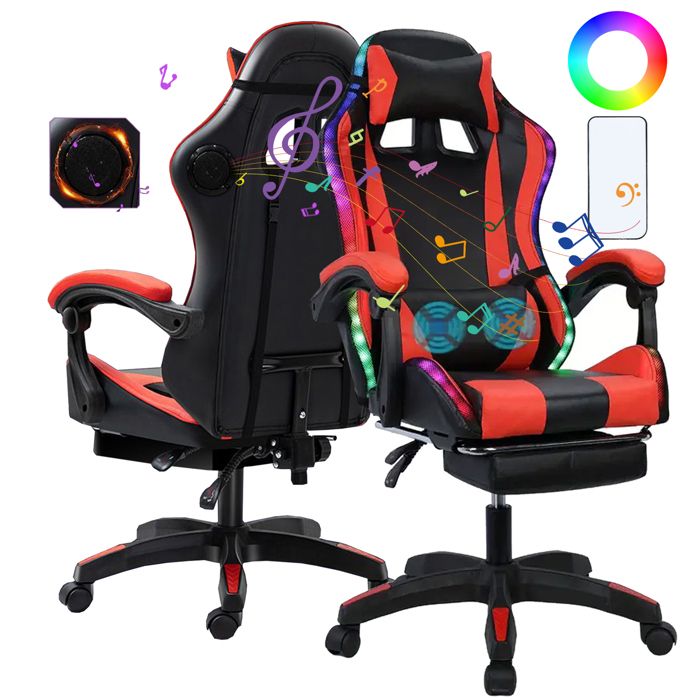 Fauteuil gamer ergonomique LED RGB - Fianao - Avec haut-parleurs Bluetooth - Coussin têtière - hauteur réglable - 60X60X121