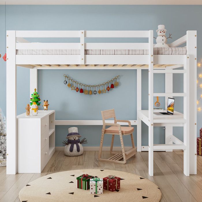Lit mezzanine enfant - 90x200 cm - Bureau intégré - Armoire à tiroirs - Étagère de rangement - Échelle à quatre niveaux