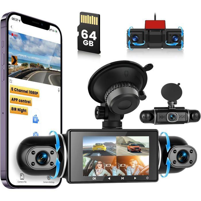 Dashcam 4 Canaux 1080P Avant/Arrière/Intérieur – Surveillance Totale Voiture + Parking 24h !