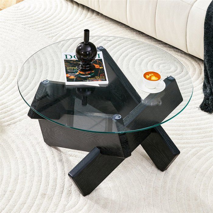 Table Basse Ronde en Verre Trempé Table Basse Salon Moderne Design Transparente avec Pieds en Bois Noir Cadre Croisé 79x79x45 cm