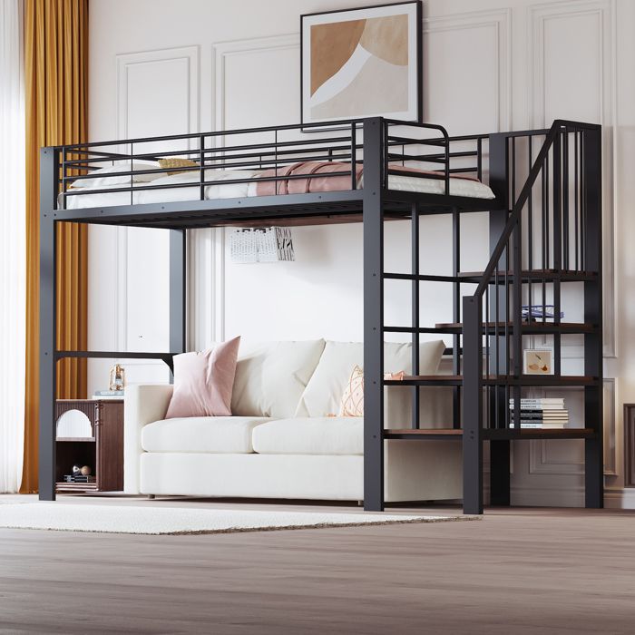 Lit mezzanine en métal 90 x 200 cm Lit double avec escalier et rangement sous le lit Convient enfant adolescent et adulte Noir