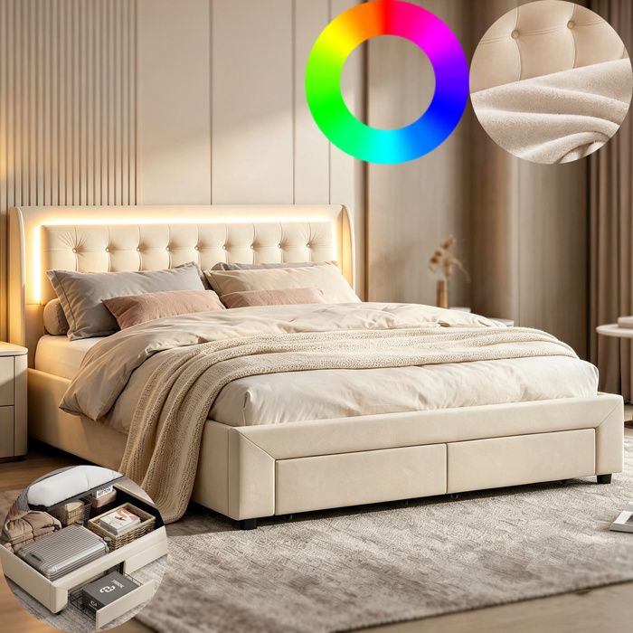 Lit coffre 140x190 cm - DRELYGWEA - Velours beige - LED - cadre de lit 140x190 - lit double 140x190 - 2 tiroirs
