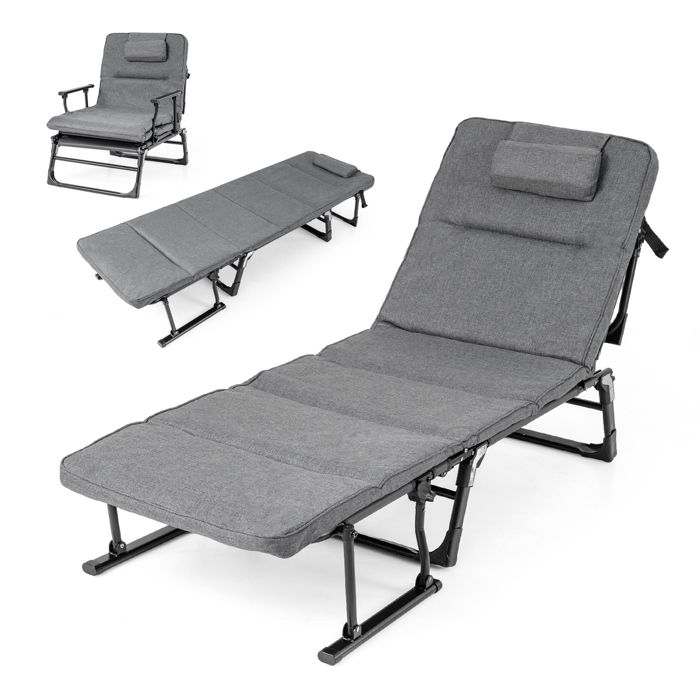 COSTWAY Lit de Camp Pliable avec Dossier Réglable à 6 Positions Cadre en Métal Matelas Amovible pour Camping Cour Bureau 200 kg