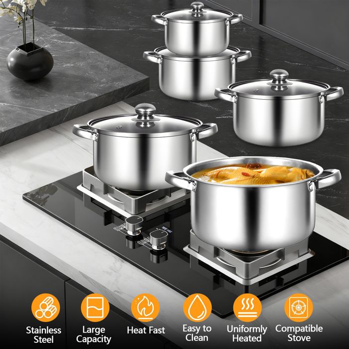 Ensemble De Casseroles 10 pièces - Batterie De Cuisine inoxy - Chauffage rapide - couvercle - Nettoyer - Tous Feux Dont Induction