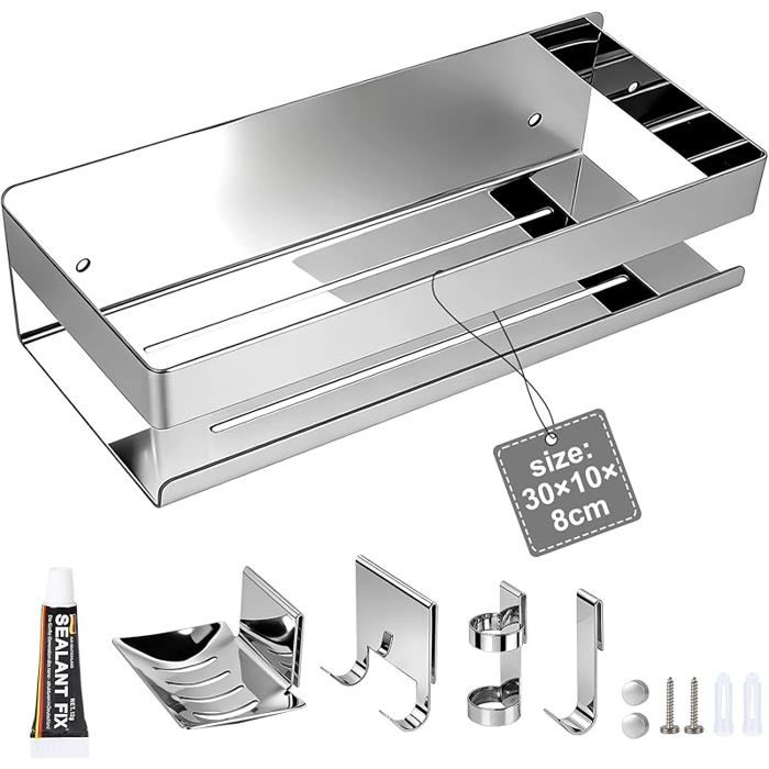 5 in 1 Étagère Murale Salle de Bain avec Porte Savon Portarasoio Crochets Acier Inox Serviteur de 5er 30cm Specchio Argent