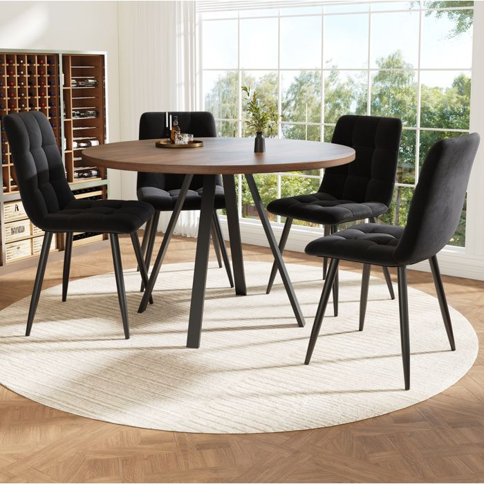Ensemble de table à manger 4 personnes 1 table 80x80 cm et 4 chaises velours noir noyer
