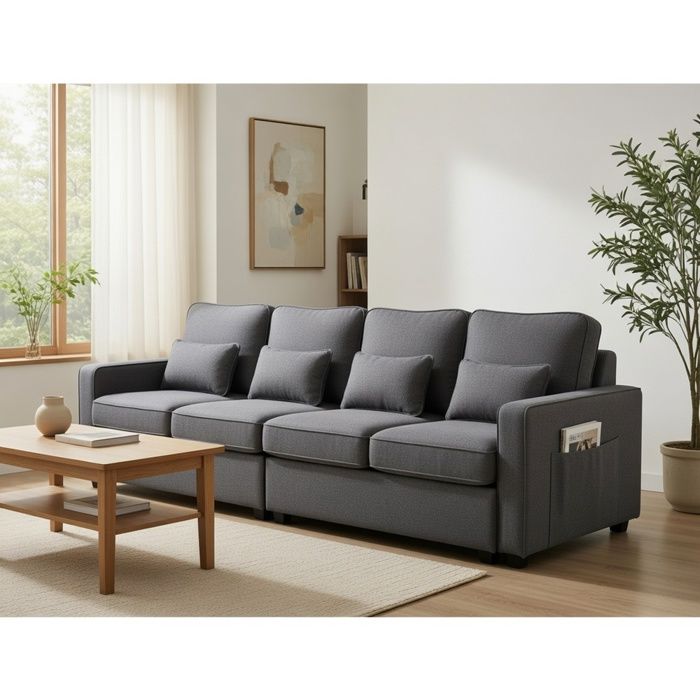 Canapé - MINIMAL - 264x87x83 cm - Lin - 4 places - Poches accoudoirs
