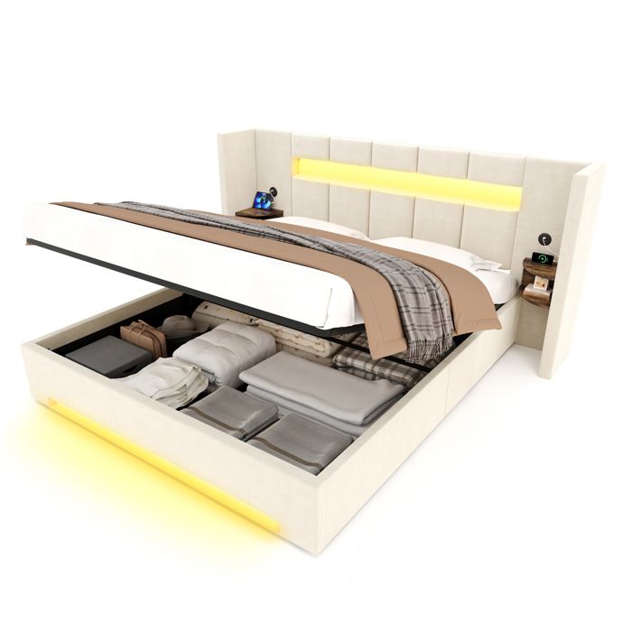Lit coffre-Lit 160x200 cm adulte avec USB LED rangements latéraux rétro et coffre hydraulique en velours beige