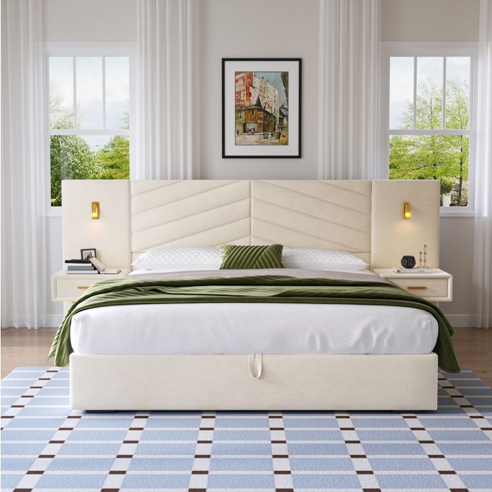 Lit coffre relevable king size EVRYAE 266 x 205 x 117 cm avec 2 tables de chevet 2 lampes LED velours beige
