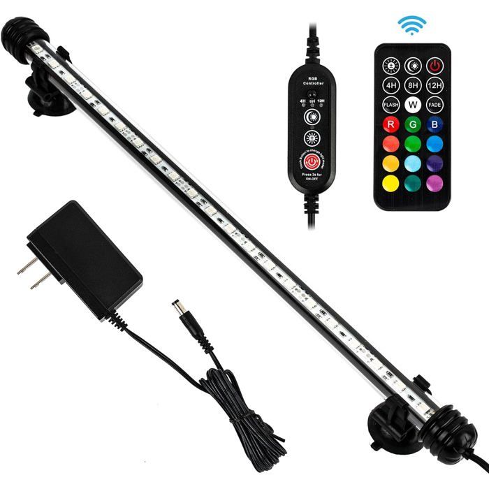 Éclairage LED RGB 54 W pour aquarium - Couleurs réglables par télécommande - Longueur 39 cm - Intensité lumineuse réglable