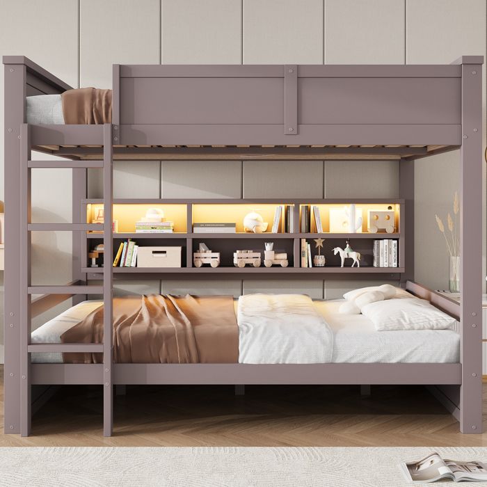 Lit Superposé Marron 160x200cm 6 Coffres de Rangement LED Intégrée Échelle + Garde-corps – Sans Matelas