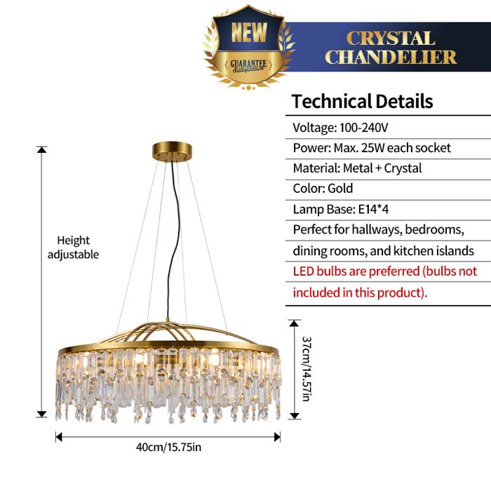 Lustre Rond en Cristal 40 cm Suspension Dorée de Luxe avec Pampilles en Cristal