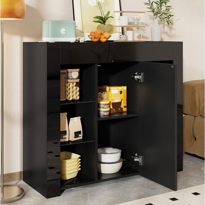 Buffet Bas Moderne 95x35x83 cm - 6 Compartiments de Rangement - 1 Porte et Étagères en Verre - Noir