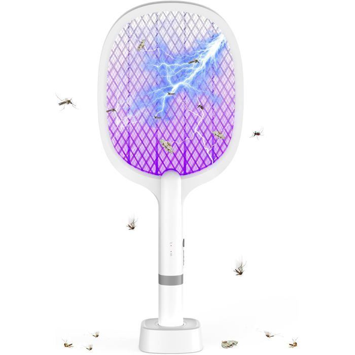 Raquette Electrique Insectes 5000V 2000 mAh Extra puissante Tapette à Mouches électrique avec Base de Recharge USB C 2 en 1