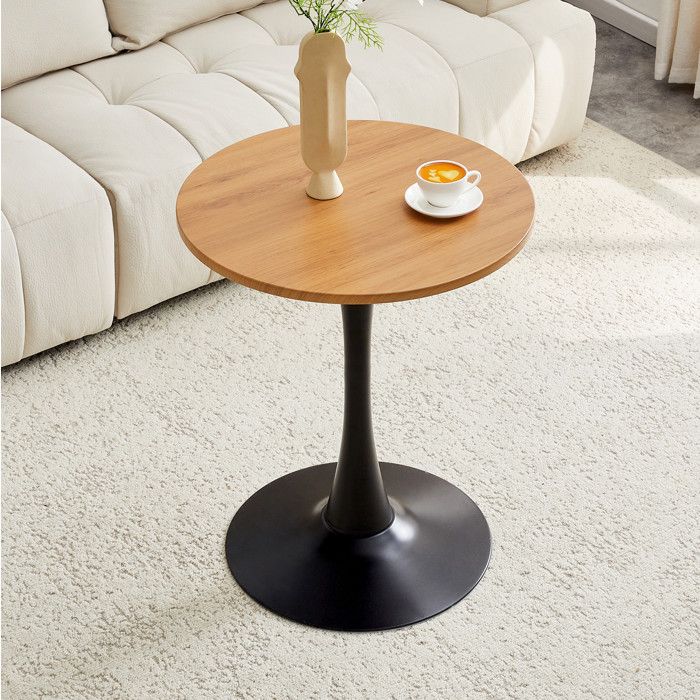 Table ronde 60 cm petite table à manger avec plateau MDF aspect bois pied central noir en métal hauteur 72 cm ORVRYN