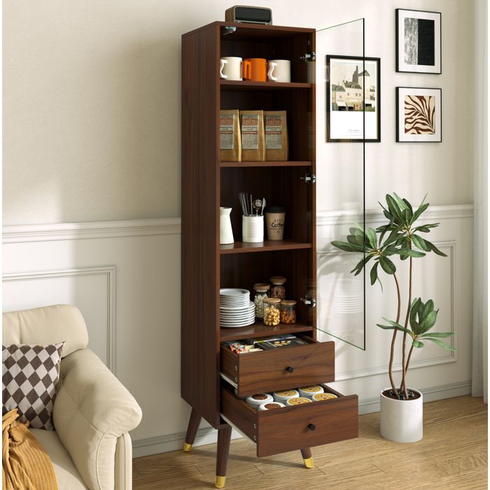 Vitrine Haute En MDF Aspect Noyer Armoire Vitrine Moderne FloraGrace Pour Salon Ou Bureau Avec 2 Tiroirs 39 8x35x160cm