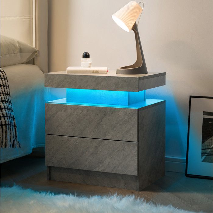 Table De Chevet LED Gris Fonce 2 Tiroirs Meuble DAppoint Moderne FloraGrace Pour Chambre Et Salon Montage Facile 49x34 8x52 1cm