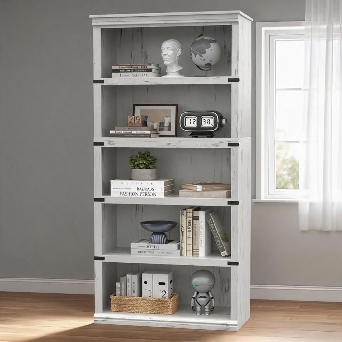 Bibliothèque 5 niveaux – Style fermier – Étagères ouvertes – Charge 20 kg par étagère – 80*32*171CM - Blanc Antique