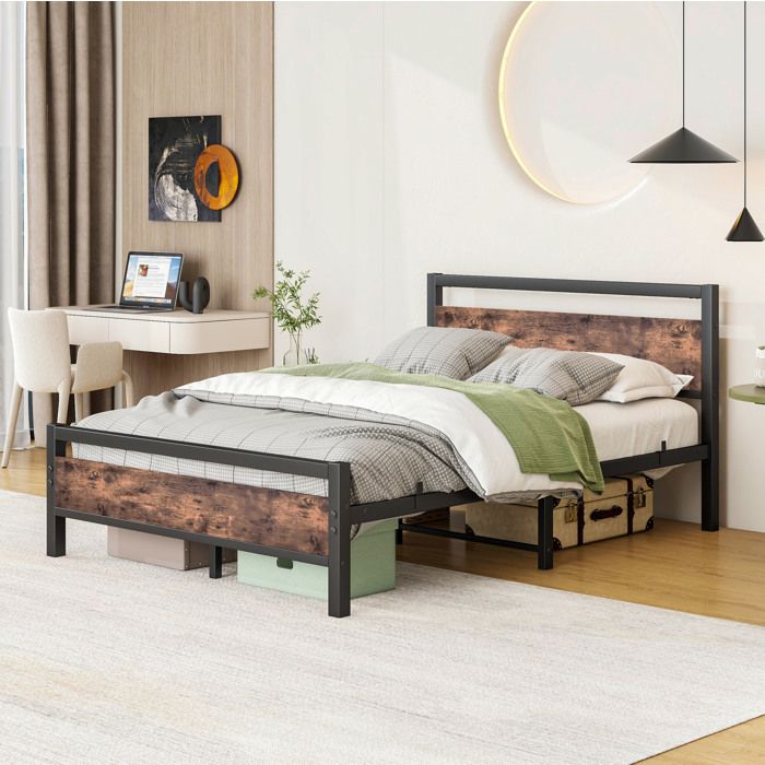 Lit 140x190 Cm Metal MDF Marron Cadre Industriel FloraGrace Pour Chambre Rangement Sous Lit 197x141.5x90cm Lit 140x190 Cm Metal MDF Marron Cadre Industriel FloraGrace Pour Chambre Rangement Sous Lit 197x141.5x90cm