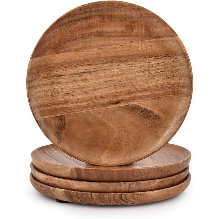 Lot de 4 assiettes rondes en bois d’acacia faciles à nettoyer et légères - Pour plats collations desserts (18 x 18 x 2 5 cm)