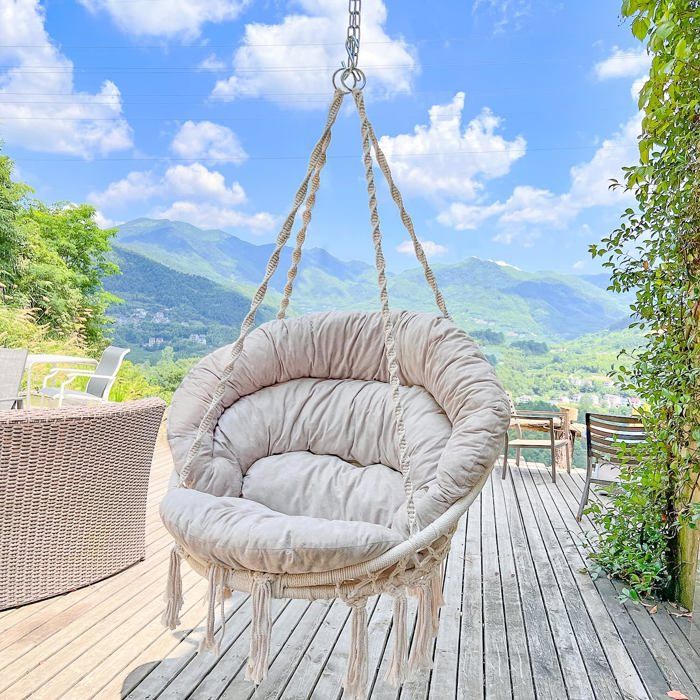 Fauteuil Suspendu Capacité 150 Kg Chaise Coton Avec Coussin Chaise Pivotante En Macramé Faite À La Main Avec Kits De Matérie[IN9]