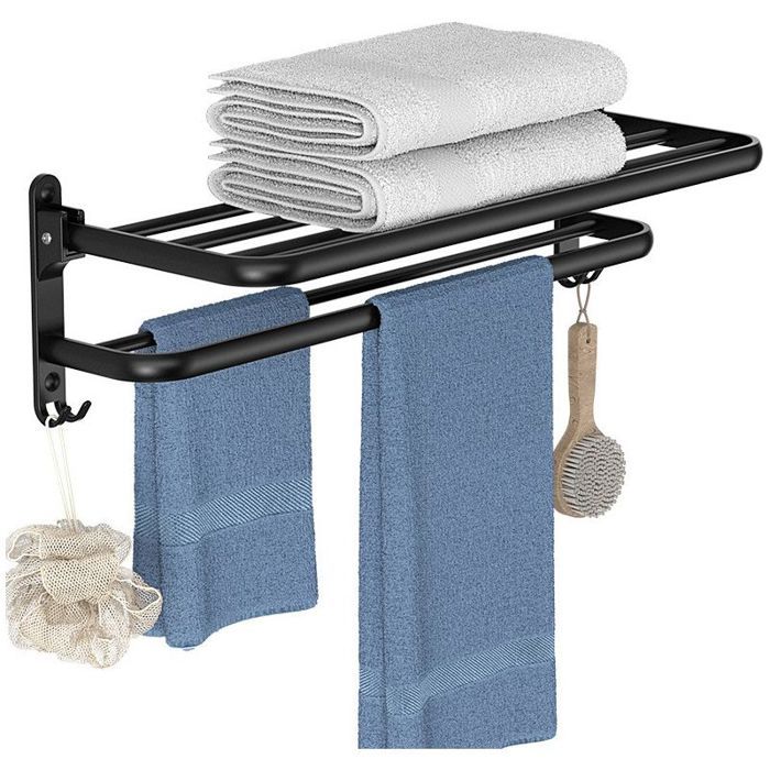 Porte-serviette- Avec crochet noir 40 cm mural et pliable pas besoin de percer des trous
