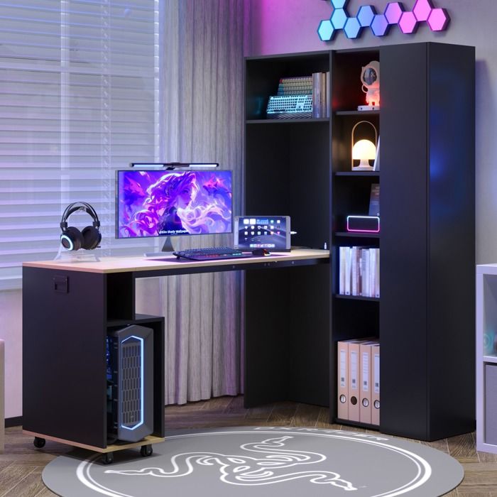 Secrétaire pliable noir et chêne 104 5 x 30 5 x 160 cm bureau 2-en-1 étagères réglables prise EU et USB