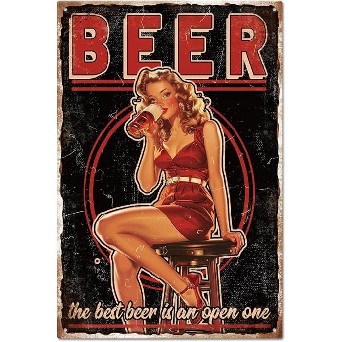 Panneau en Métal Vintage Pin Up Lady 8x12 Pouces Bière Rétro Drôle en Étain Panneau de Porte de Salle Bi OBJET DE DECORATION MURALE