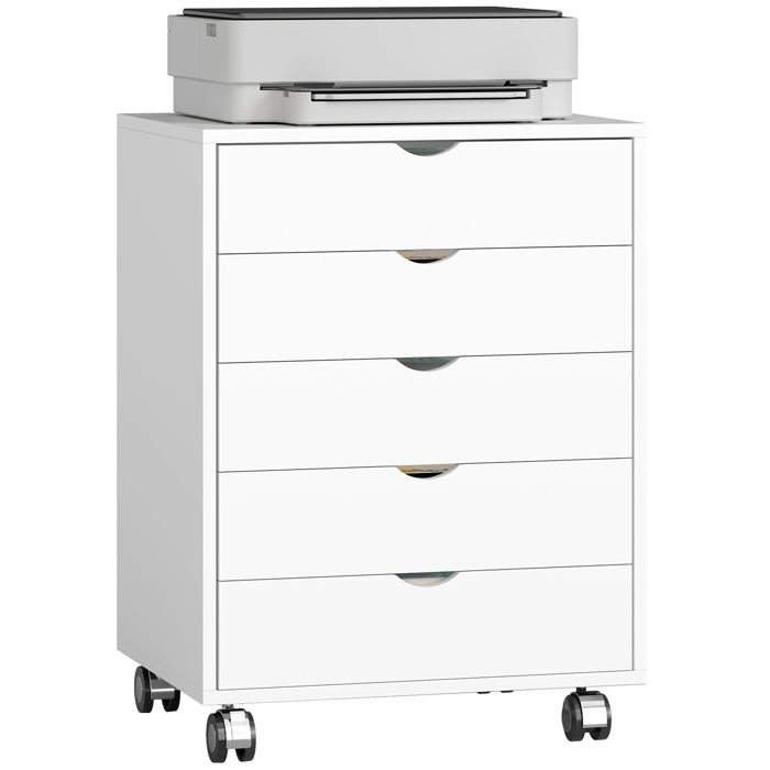 Caisson bureau mobile – 5 tiroirs A3 avec roulettes frein – pour bureau et rangement – 50x40x675 cm Blanc