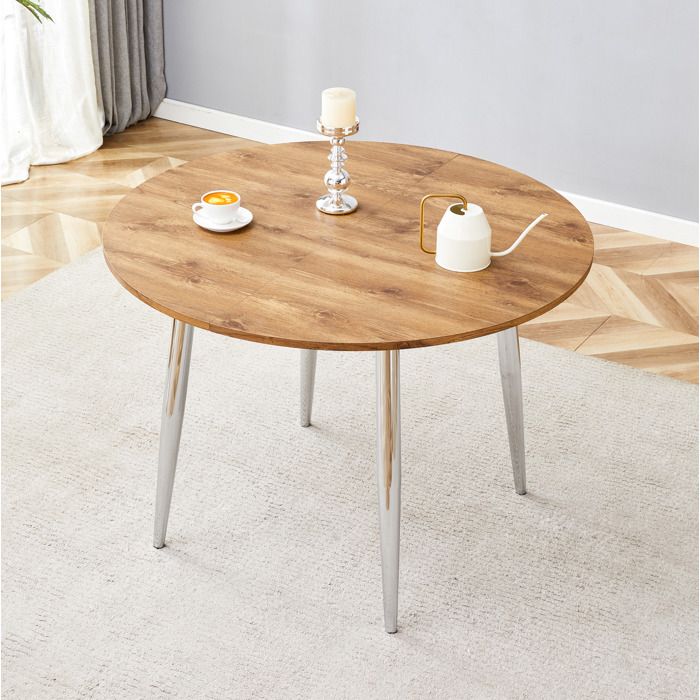 Table à manger ronde extensible 107 à 137 cm plateau MDF effet bois et pieds métal sans chaises