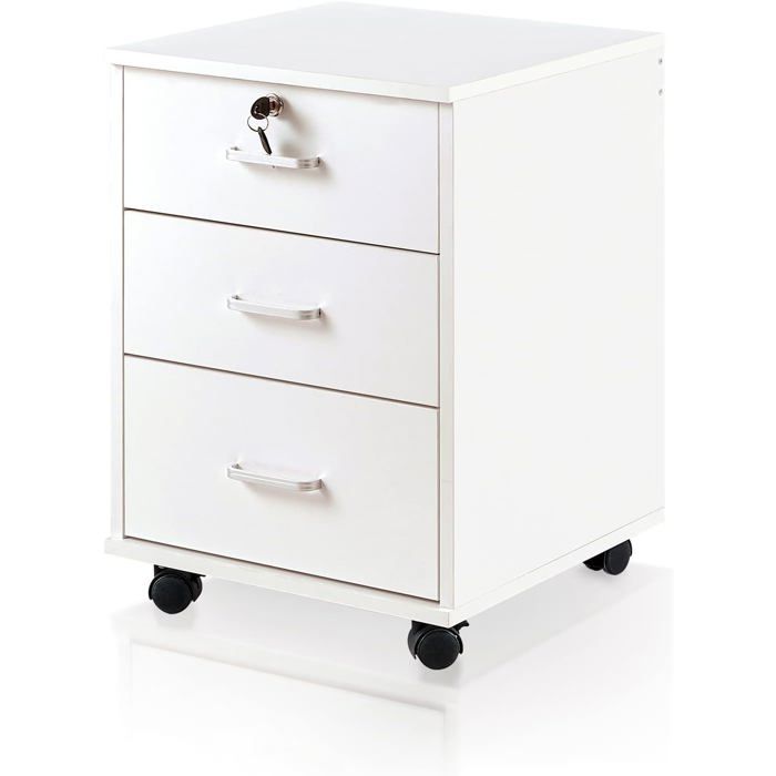 TUKAILAi Caisson de bureau mobile à 3 tiroirs Blanc avec serrure et roues pivotantes 360° pour dossiers A4