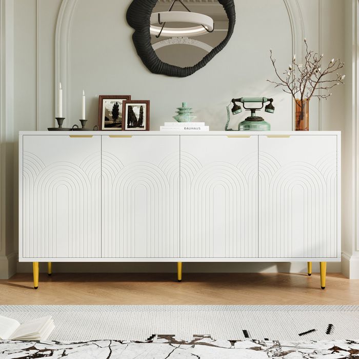 Buffet bahut bas Salon Blanc 4 portes 160 x 40 x 80 cm Meuble Moderne brillance de Rangement Salle à Manger