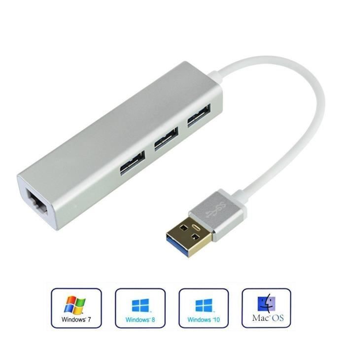 Hub USB 3.0 Réseau avec 3 Ports USB et Interface RJ45 Adaptateur Ethernet 10/100/1000 Gigabit Ethernet Switcher pour MacBook Microso