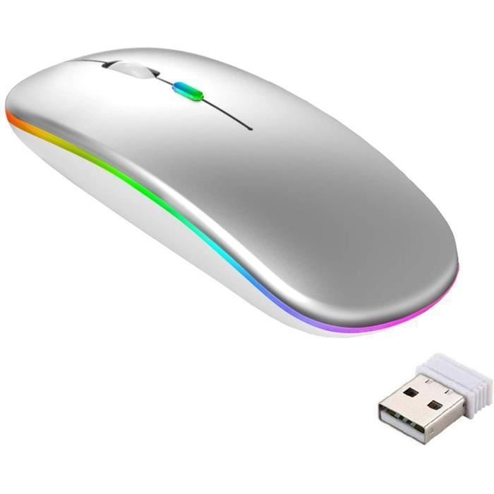 Souris sans Fil Rechargeable – Bluetooth – Argent – 3 Niveaux DPI – Silencieuse – Lumières Colorées