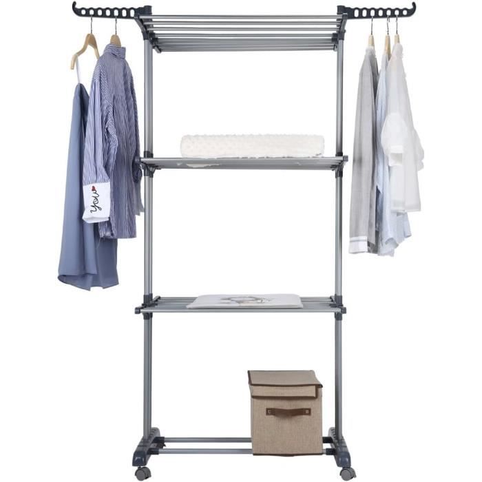 Étendoir à Linge 3 Niveaux Sur Roues - Grande Capacité, Pliable, 170 X 64 X 126 Cm (Noir) - 10