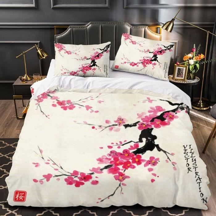Parure De Lit 3 Pièces Fleurs De Cerisier, Housse Couette 155x220 Cm + 2 Taies 65x65 Cm, Microfibre